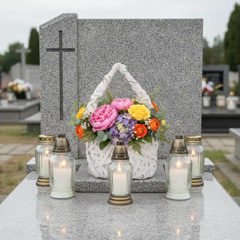 Rattanowy kosz płomień z roślinną dekoracją ustawiony przed nagrobkiem w otoczeniu zniczy, jako element aranżacji nagrobnej.