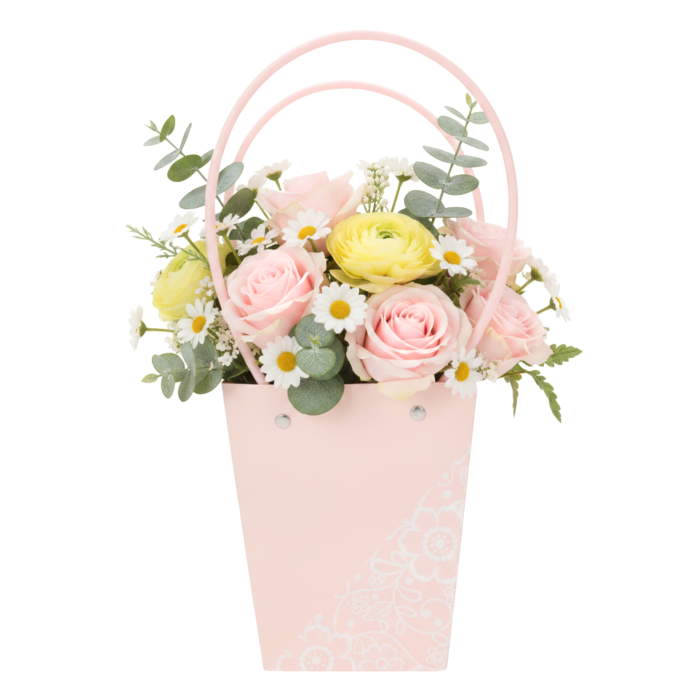 Różowa torebka kwiatowa 34 cm wypełniona bukietem róż i margaretek. Prezentuje gotową kompozycję roślinną w ozdobnym papierowym opakowaniu z uchwytami, gotową do wręczenia jako wyjątkowy prezent.