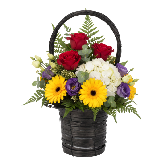 Czarny kosz rattanowy 22x22x38 cm z bogatą kompozycją z czerwonych róż, białych hortensji i żółtych gerber. Uniwersalna baza florystyczna z folią ochronną do stroików i dekoracji.