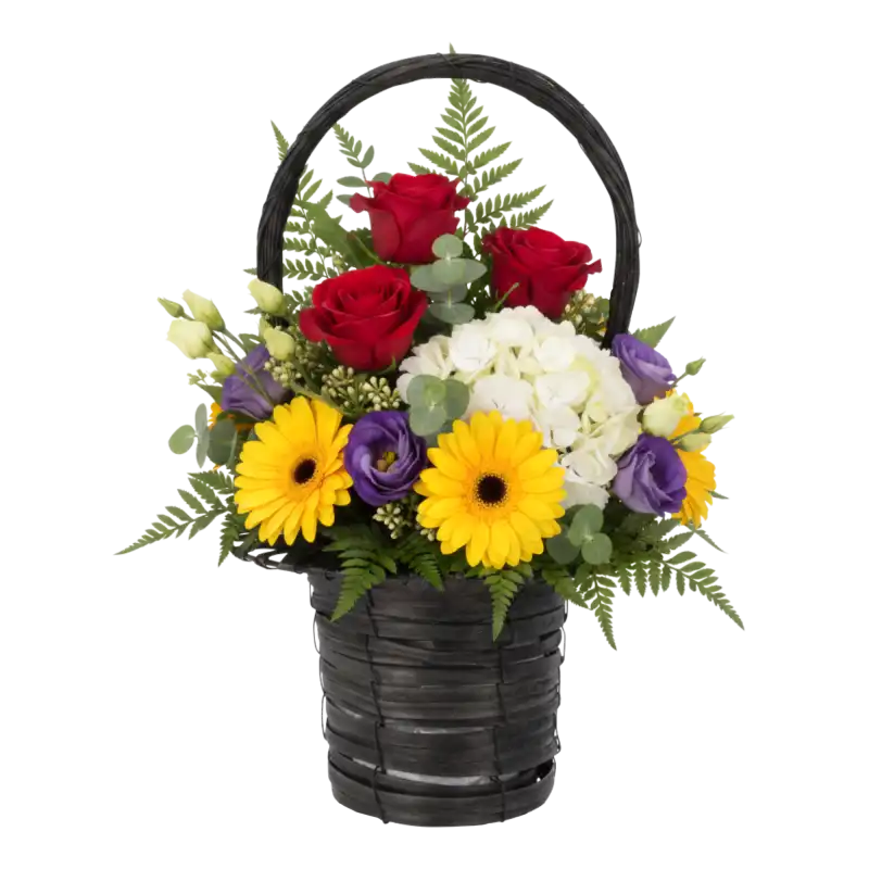 Czarny kosz rattanowy 22x22x38 cm z bogatą kompozycją z czerwonych róż, białych hortensji i żółtych gerber. Uniwersalna baza florystyczna z folią ochronną do stroików i dekoracji.