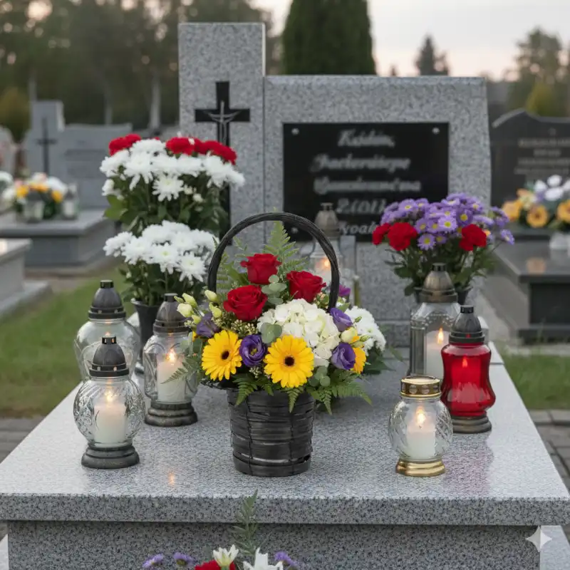 Czarny kosz rattanowy 22x22x38 cm z gotową dekoracją kwiatową umieszczony na płycie nagrobnej. Praktyczne rozwiązanie do tworzenia stroików na różne okazje.