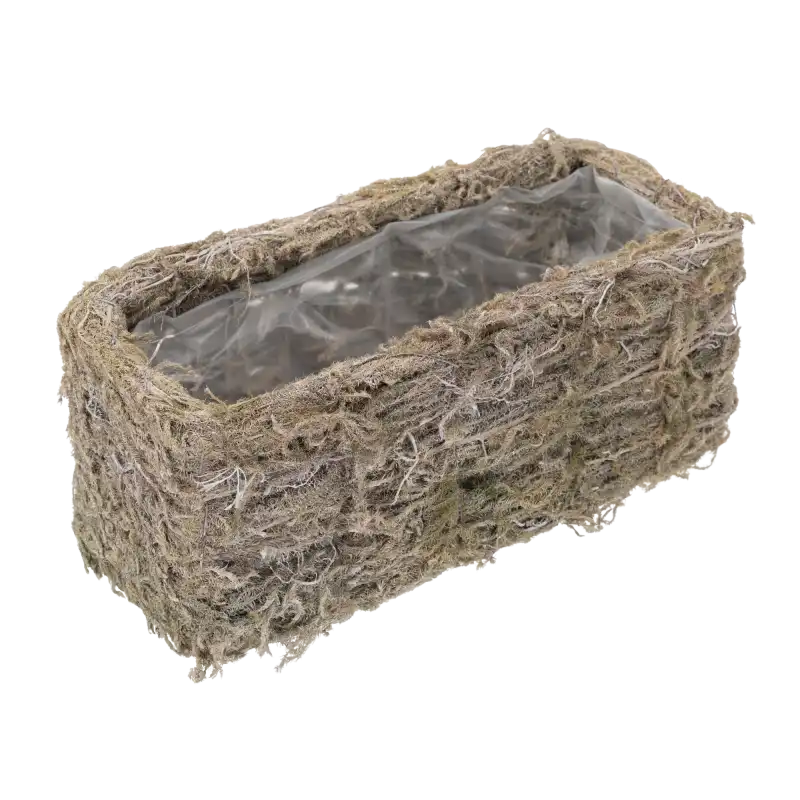 Pusta prostokątna osłonka z siana 30x15 cm, wnętrze wyłożone folią ochronną, widok w perspektywie z góry.
