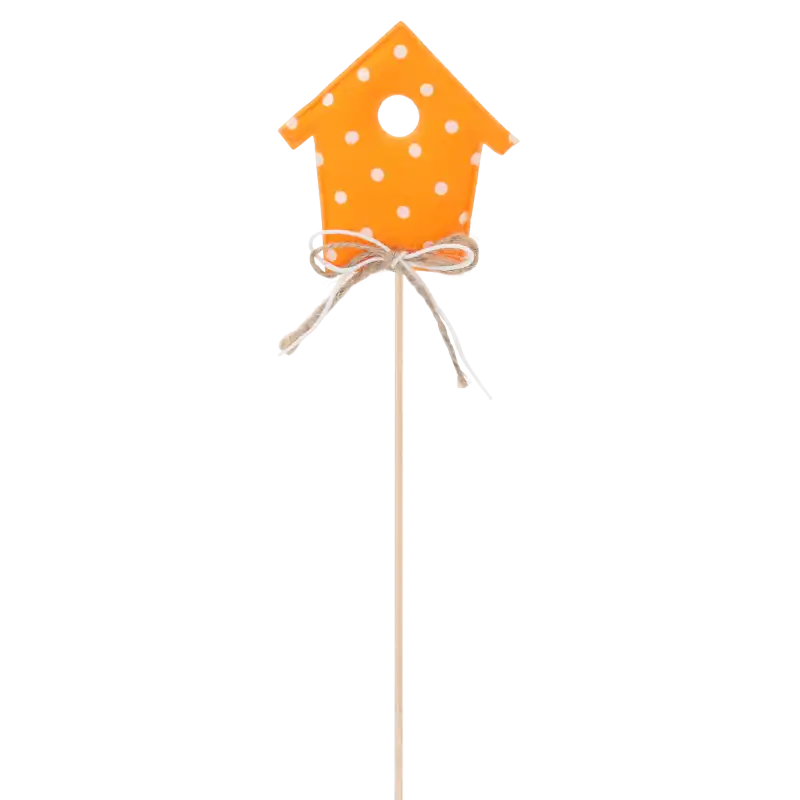 Pomarańczowy domek na piku 7x7,5 cm z motywem kropek i jutową kokardką. Detal do stroików i roślin doniczkowych.