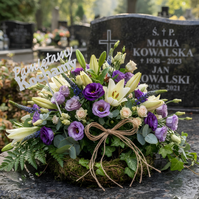 Drewniany biały topper Pamiętamy Kochamy umieszczony w bukiecie kwiatów na cmentarzu. Dekoracja na piku o długości 32 cm.