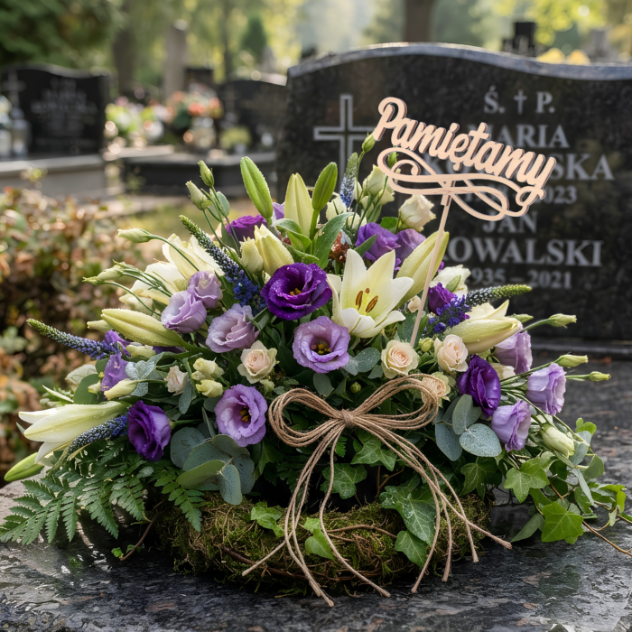 Topper Pamiętamy umieszczony w okazałej kompozycji kwiatowej na nagrobku. Drewniana dekoracja wzbogaca bukiet ze stroikiem.