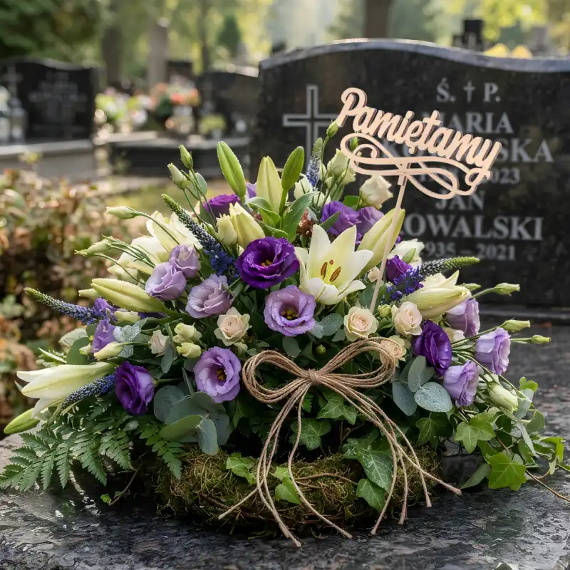Topper Pamiętamy umieszczony w okazałej kompozycji kwiatowej na nagrobku. Drewniana dekoracja wzbogaca bukiet ze stroikiem.