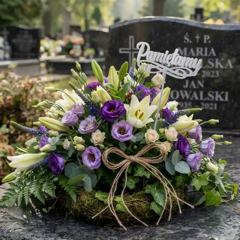 Drewniany topper Pamiętamy umieszczony w bogatej kompozycji kwiatowej z liliami i eustomą, ustawionej na płycie nagrobnej.