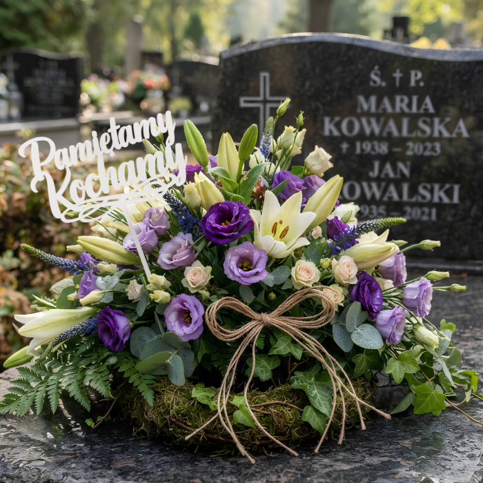 Topper Pamiętamy Kochamy umieszczony w okazałej wiązance kwiatów na nagrobku. Drewniana dekoracja stanowi uzupełnienie kompozycji florystycznej.