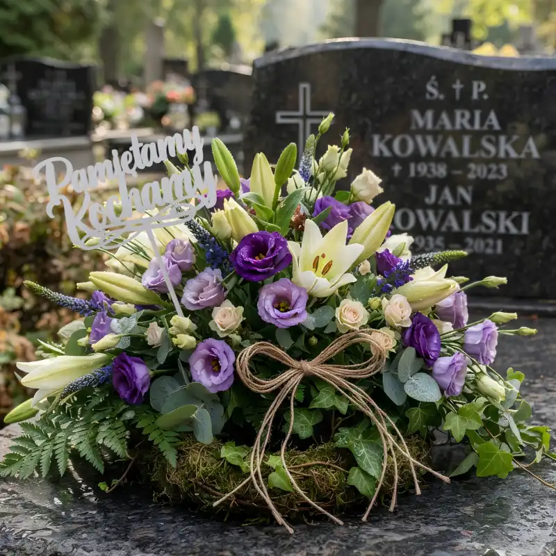 Topper na piku umieszczony w kompozycji kwiatowej z jasnych lilii i różowych róż, ustawionej na płycie nagrobnej. Dekoracja podkreśla charakter kwiatowej wiązanki.