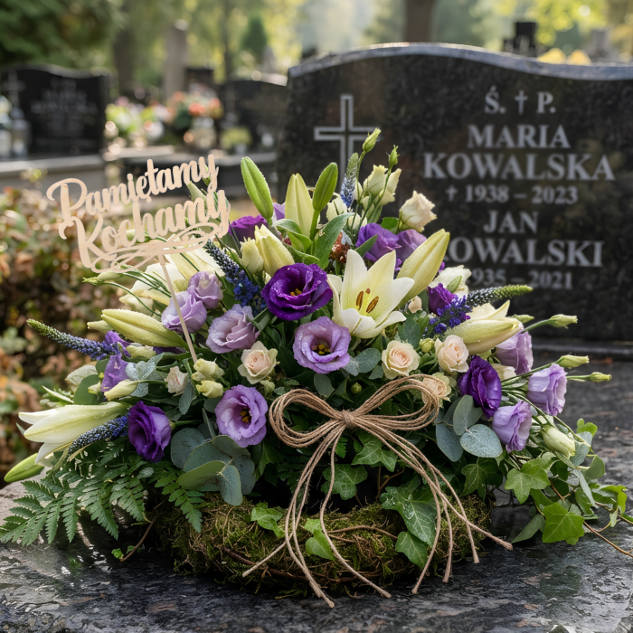Topper na piku Pamiętamy Kochamy umieszczony w ozdobnej kompozycji kwiatowej na nagrobku. Dekoracja z drewna wpleciona w bukiet z liliami i eustomą.