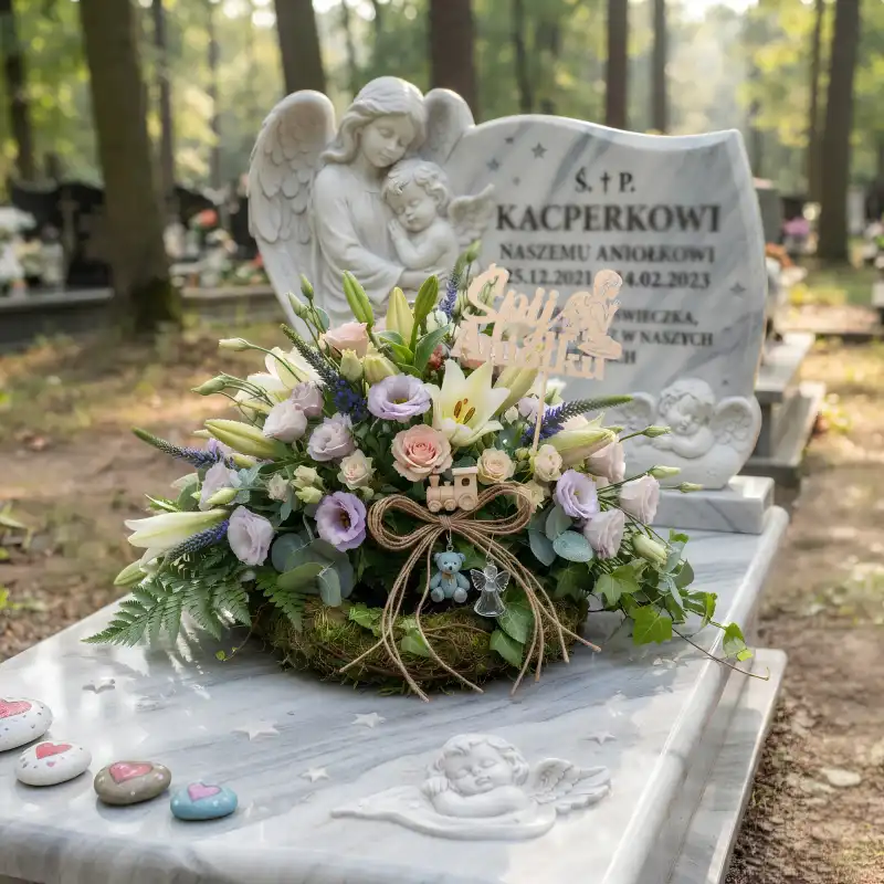 Drewniany topper Śpij Aniołku umieszczony w kwiatowej kompozycji na nagrobku, podkreślający estetyczny charakter dekoracji.