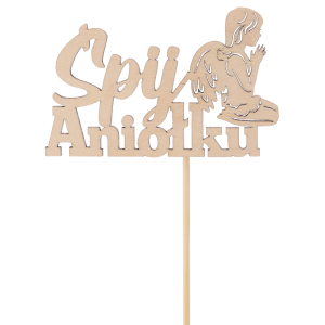 Drewniany topper na piku z napisem Śpij Aniołku i grafiką modlącego się anioła, idealny jako dekoracja nagrobna do stroików, wiązanek i kompozycji kwiatowych.