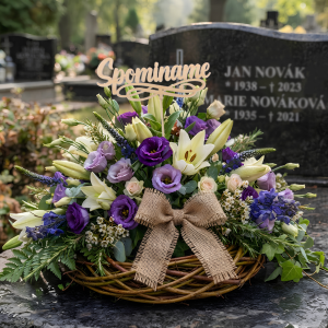 Drewniany topper Spominame umieszczony w kompozycji kwiatowej z liliami i eustomą. Dekoracja znajduje się na tle nagrobka, podkreślając charakter stroika.