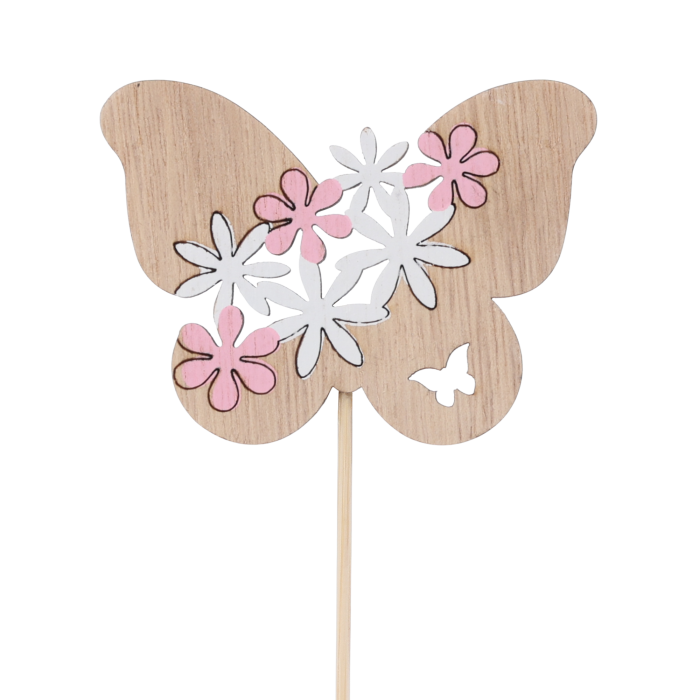 Drewniany motyl na piku o wysokości 25 cm z kwiatowym nadrukiem. Ozdoba na piku idealna do wiosennych kompozycji florystycznych i doniczek, zapewniająca lekkość aranżacji.