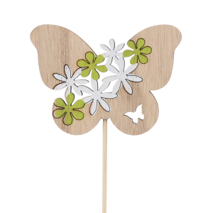 Drewniany motyl na piku o wysokości 25 cm z kwiatowym motywem w odcieniach zieleni. Dekoracja o wymiarach 6x8 cm na patyczku, idealna do roślin i stroików.