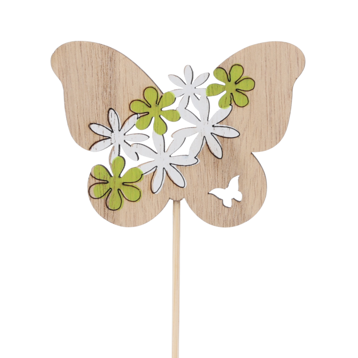 Drewniany motyl na piku o wysokości 25 cm z kwiatowym motywem w odcieniach zieleni. Dekoracja o wymiarach 6x8 cm na patyczku, idealna do roślin i stroików.