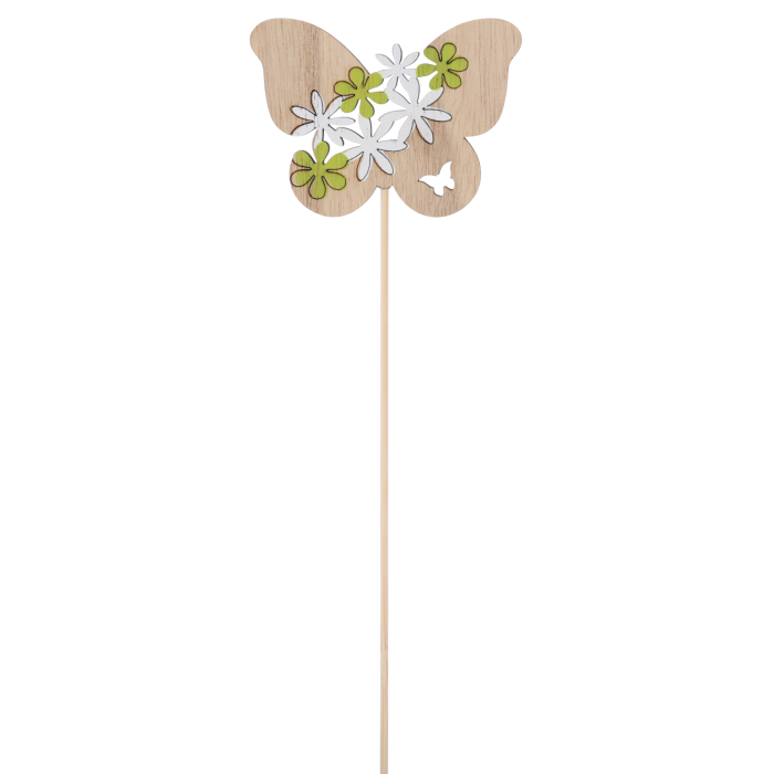 Pojedynczy drewniany motyl na piku pokazany w pełnej wysokości 25 cm. Ozdoba z jednostronnym nadrukiem kwiatowym, gotowa do umieszczenia w doniczce.