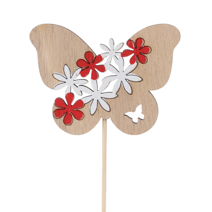 Drewniany motyl na piku o wysokości 25 cm z kwiatowym nadrukiem. Ozdoba na piku do stroików i roślin doniczkowych.