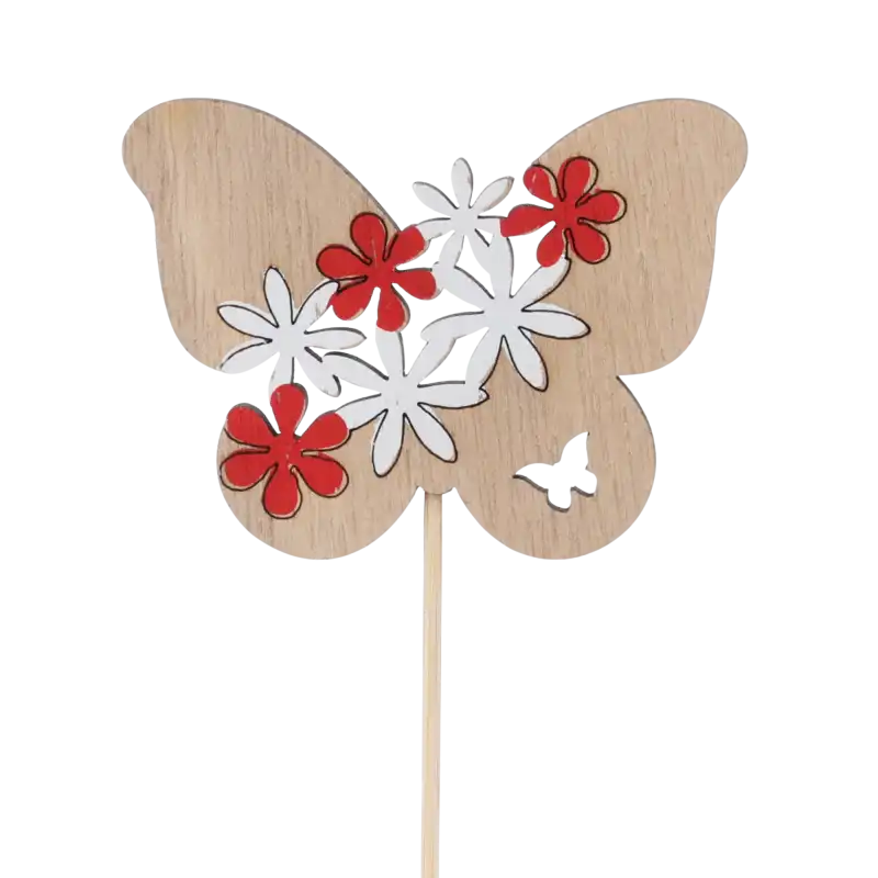 Drewniany motyl na piku o wysokości 25 cm z kwiatowym nadrukiem. Ozdoba na piku do stroików i roślin doniczkowych.