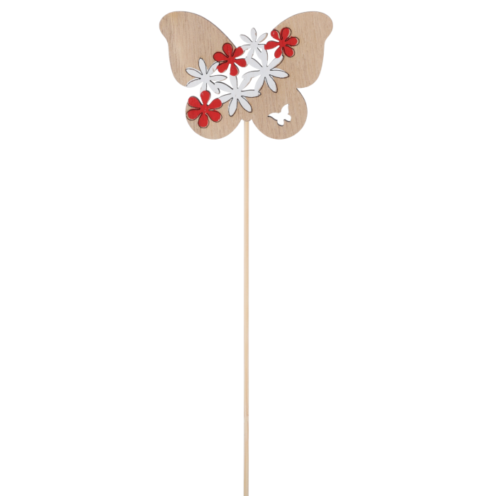 Pojedynczy drewniany motyl na długim piku, widoczny w całości. Dekoracja wiosenna do kompozycji florystycznych.