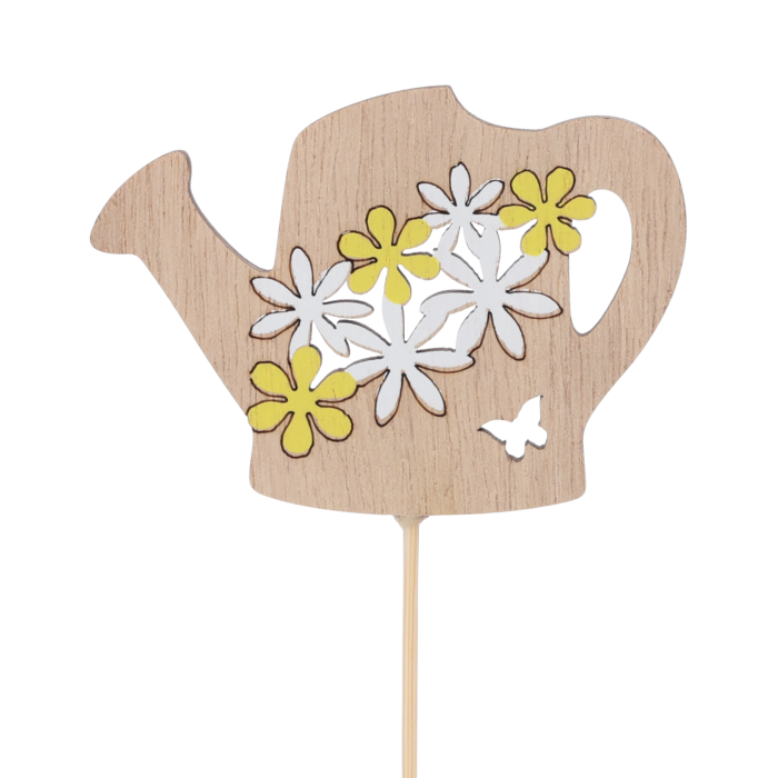 Drewniana konewka na piku 26 cm z ozdobnym nadrukiem kwiatów. Dekoracja wiosenna idealna do stroików, kompozycji florystycznych i doniczek z roślinami.