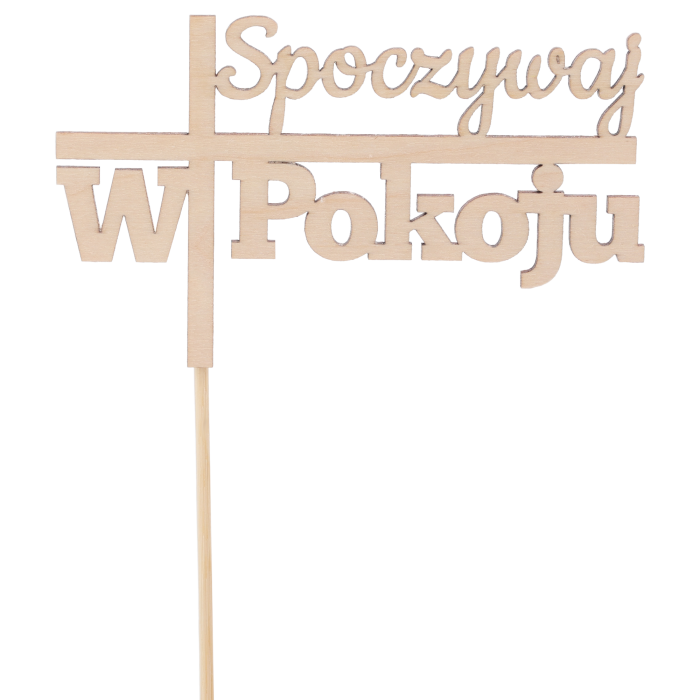 Drewniany topper na piku z napisem Spoczywaj w pokoju. Estetyczna dekoracja nagrobna wykonana z drewna, idealna do wiązanek i stroików cmentarnych.