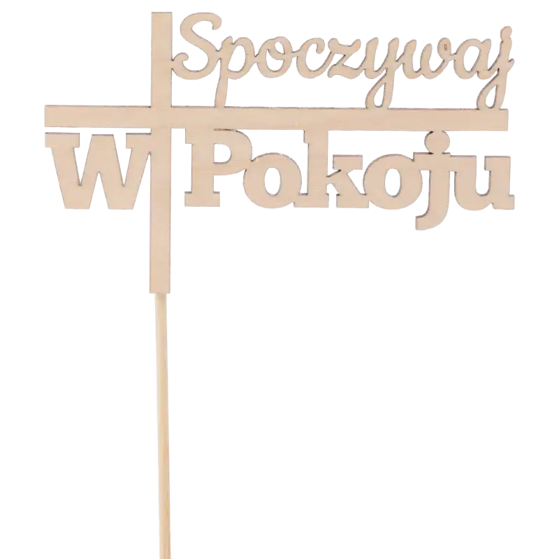 Drewniany topper na piku z napisem Spoczywaj w pokoju. Estetyczna dekoracja nagrobna wykonana z drewna, idealna do wiązanek i stroików cmentarnych.