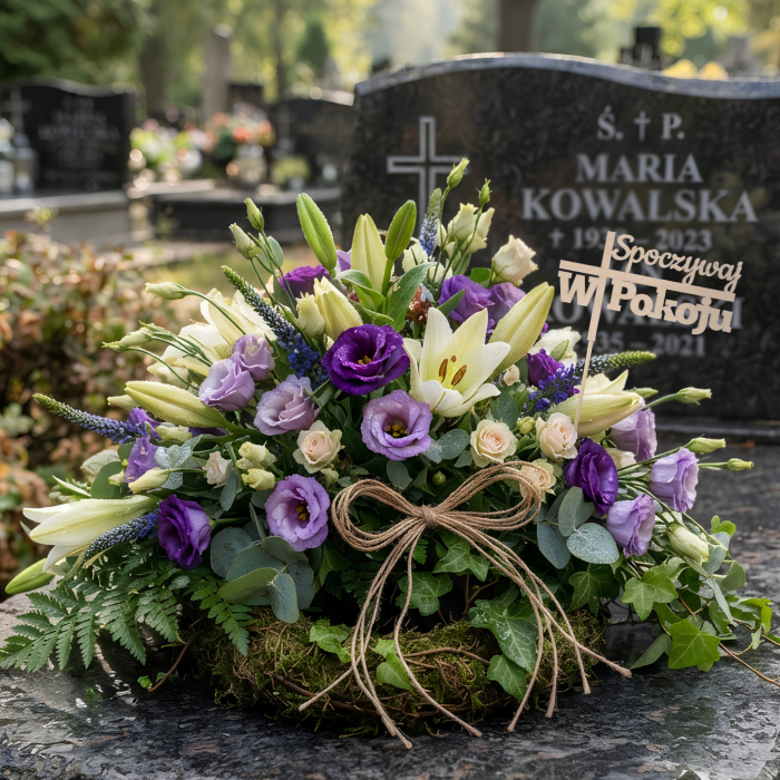 Topper z napisem Spoczywaj w pokoju umieszczony w ozdobnej kompozycji kwiatowej na nagrobku. Naturalne drewno doskonale komponuje się z zielenią.