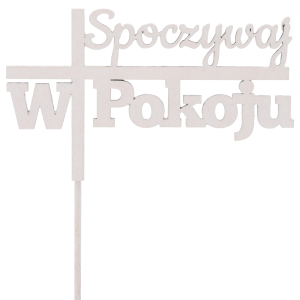 Biały drewniany topper na piku z napisem Spoczywaj w pokoju, przeznaczony do dekoracji nagrobnych oraz stroików cmentarnych.