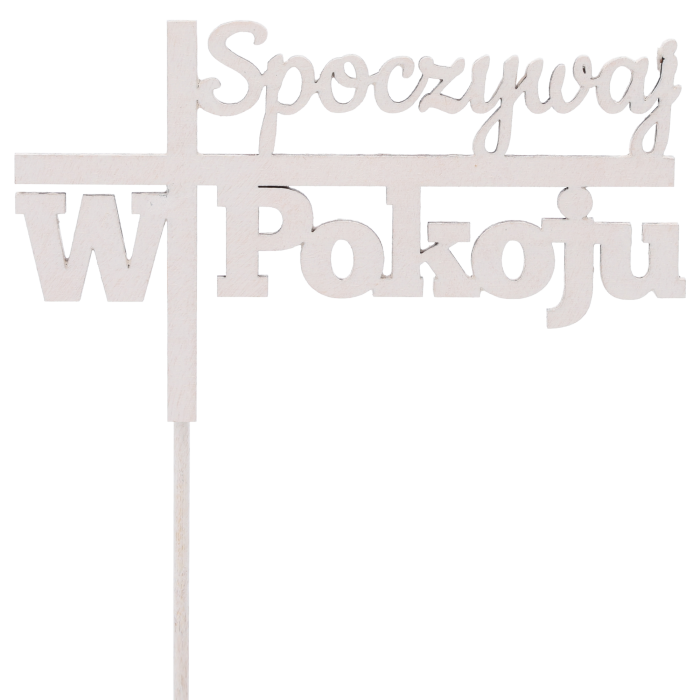 Biały drewniany topper na piku z napisem Spoczywaj w pokoju, przeznaczony do dekoracji nagrobnych oraz stroików cmentarnych.