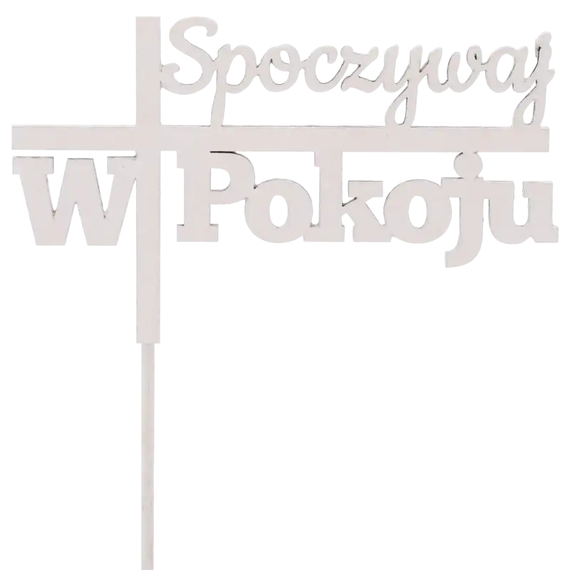 Biały drewniany topper na piku z napisem Spoczywaj w pokoju, przeznaczony do dekoracji nagrobnych oraz stroików cmentarnych.