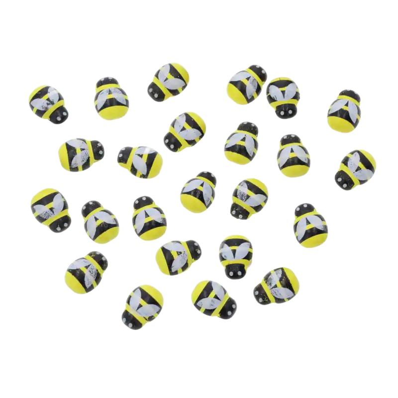 Zestaw 24 samoprzylepnych naklejek pszczółek o wymiarach 2x1,5 cm. Doskonałe artykuły dekoracyjne do zdobienia słoików, kartek i aranżacji roślinnych.