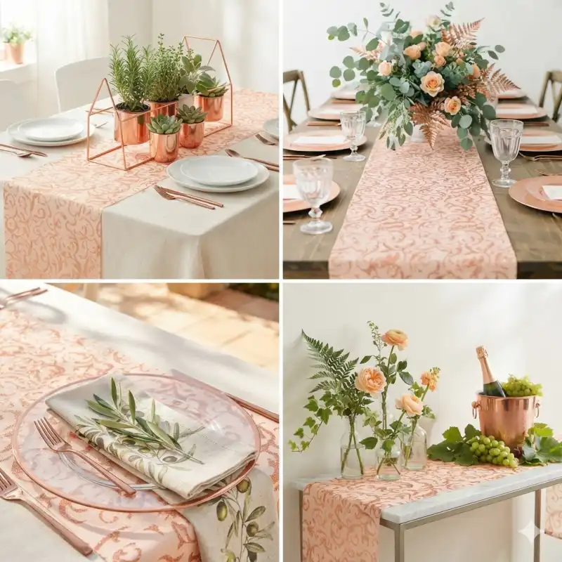 Pomarańczowa organza z wzorem 35 cm x 5 y w aranżacji stołu z kwiatami, wazonami i elegancką zastawą okolicznościową.