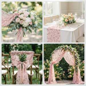 Brązowa organza z wzorem 35 cm x 5 y wykorzystana jako elegancki element dekoracyjny w bukiecie ślubnym i aranżacji stołu.