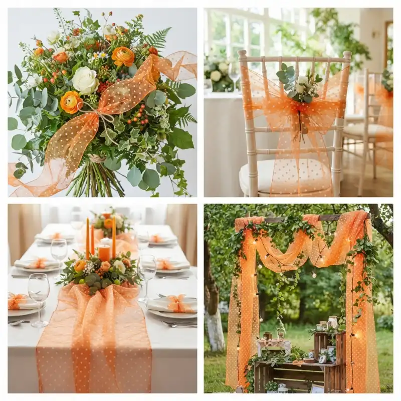 Pomarańczowa organza w kropki o wymiarach 35 cm x 5 y użyta jako elegancki element dekoracyjny w bukiecie kwiatów, na krześle, stole oraz łuku ślubnym w plenerze.