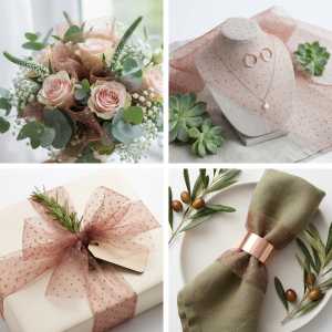 Brązowa organza w kropki 35 cm x 5 y wykorzystana jako eleganckie wykończenie bukietu róż, podkreślająca lekkość i dekoracyjny charakter tkaniny.