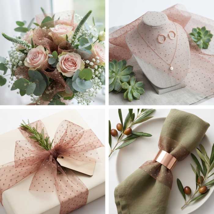 Brązowa organza w kropki 35 cm x 5 y wykorzystana jako eleganckie wykończenie bukietu róż, podkreślająca lekkość i dekoracyjny charakter tkaniny.