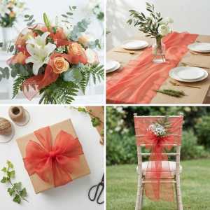 Pomarańczowa organza 35 cm x 10 y zastosowana w różnych aranżacjach: jako element bukietów, bieżnik na stole, kokarda na prezencie oraz ozdoba krzesła.