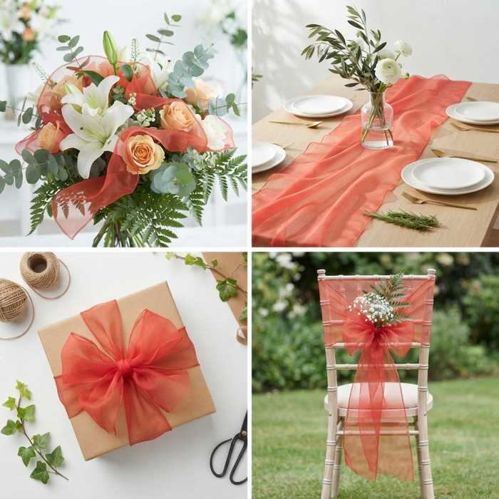Pomarańczowa organza 35 cm x 10 y zastosowana w różnych aranżacjach: jako element bukietów, bieżnik na stole, kokarda na prezencie oraz ozdoba krzesła.