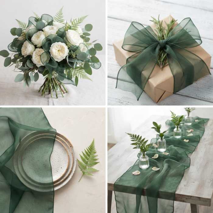 Zielona organza 35 cm x 10 y jako elegancki element dekoracyjny w bukietach, na prezentach i jako bieżnik na stole.