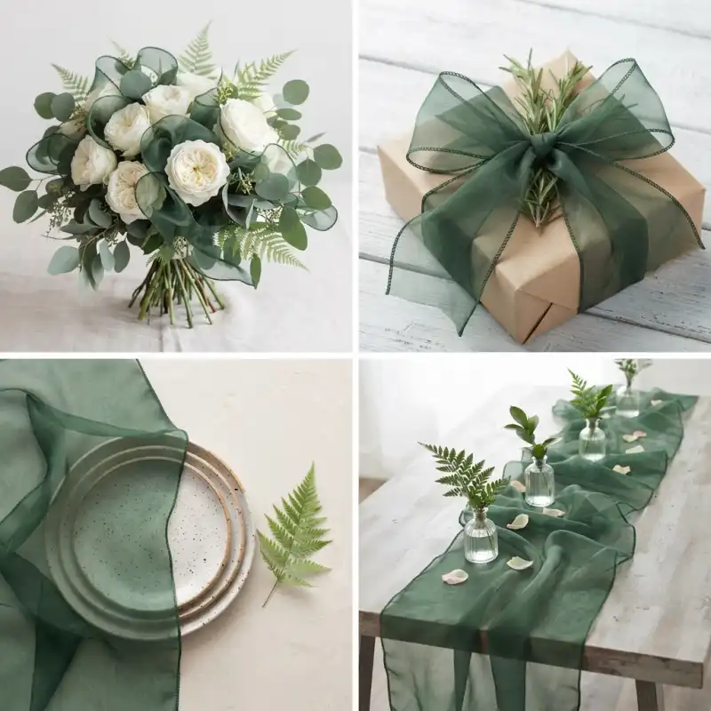 Zielona organza 35 cm x 10 y jako elegancki element dekoracyjny w bukietach, na prezentach i jako bieżnik na stole.