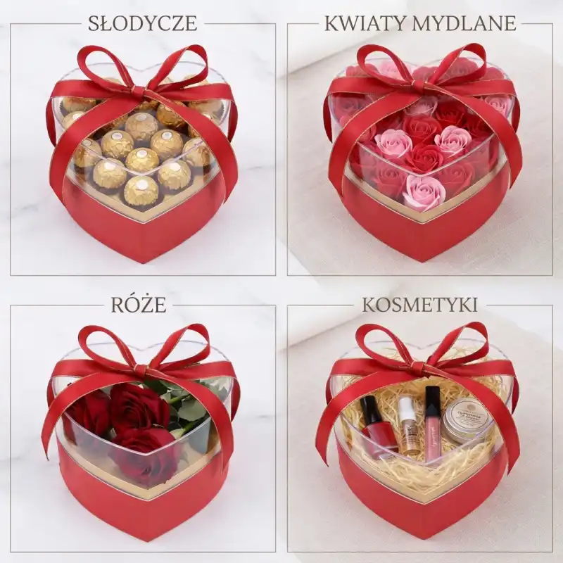 Cztery przykłady zastosowania czerwonego flower boxa w kształcie serca: ze słodyczami, mydlanymi różami, żywymi kwiatami oraz kosmetykami.