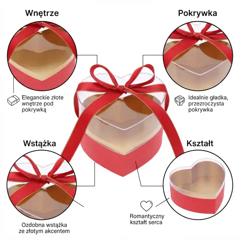 Schemat budowy czerwonego flower boxa w kształcie serca, wskazujący na złote wnętrze, przezroczystą pokrywkę i satynową wstążkę.