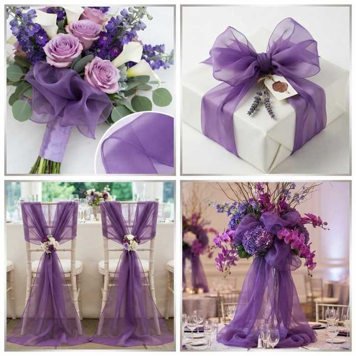 Fioletowa organza na rolce 35 cm x 10 y. Kolaż prezentujący wykorzystanie tkaniny w bukietach, na prezentach i przy dekoracji krzeseł na sali.