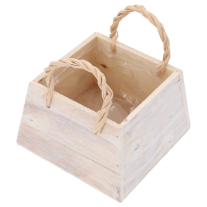 Widok z góry na drewnianą skrzynkę 16x16 cm z plecionymi rączkami, ukazujący głębokość wnętrza i wyściółkę.
