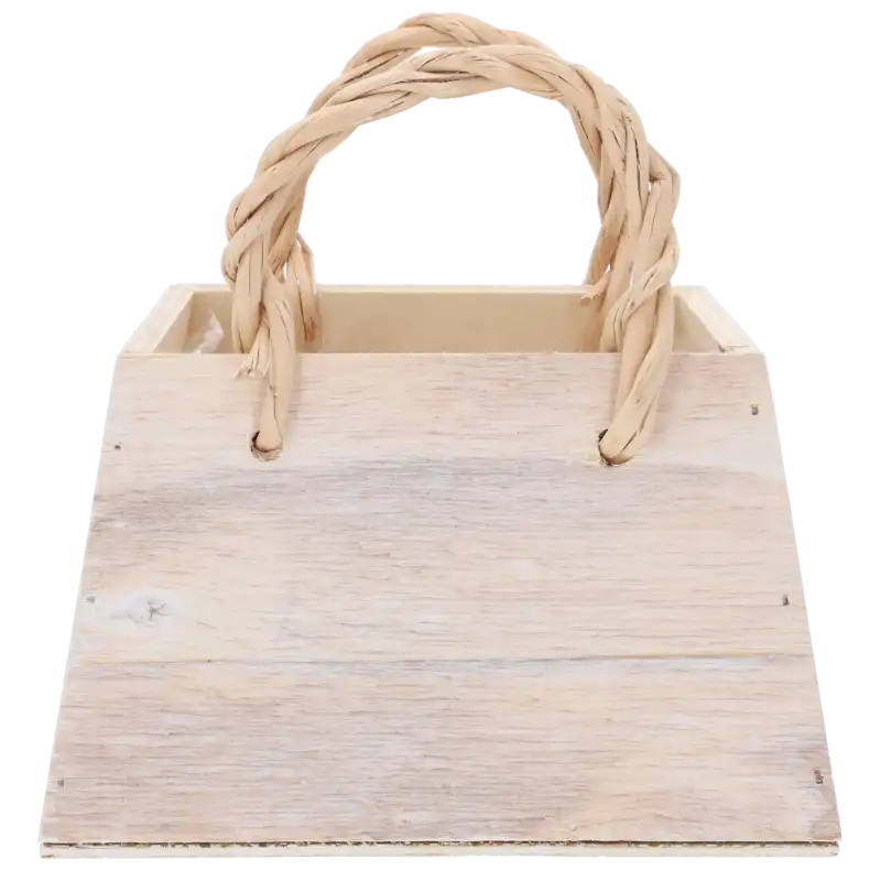 Pusta drewniana skrzynka z przetarciami i dekoracyjnymi uchwytami z naturalnej plecionki w formacie 16x16 cm.