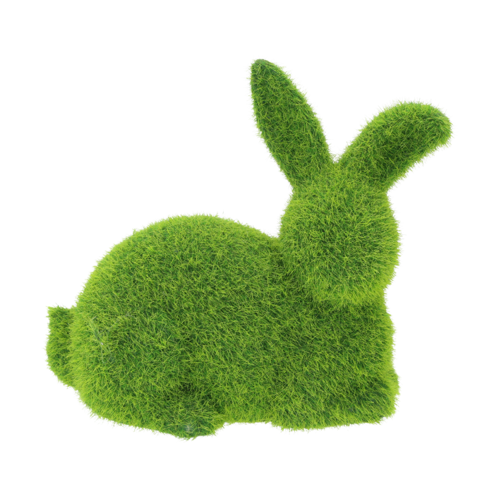 Zielony leżący zając flokowany 13 cm. Nowoczesna dekoracja wielkanocna wykonana z gipsu pokrytego zielonym włosiem, idealna do aranżacji wnętrz.