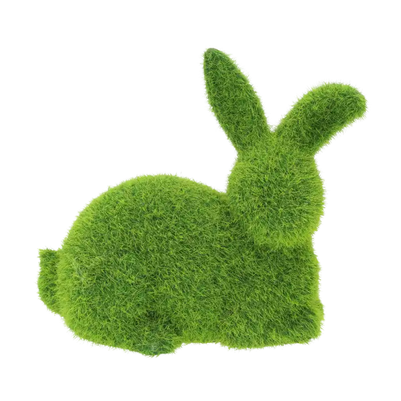 Zielony leżący zając flokowany 13 cm. Nowoczesna dekoracja wielkanocna wykonana z gipsu pokrytego zielonym włosiem, idealna do aranżacji wnętrz.