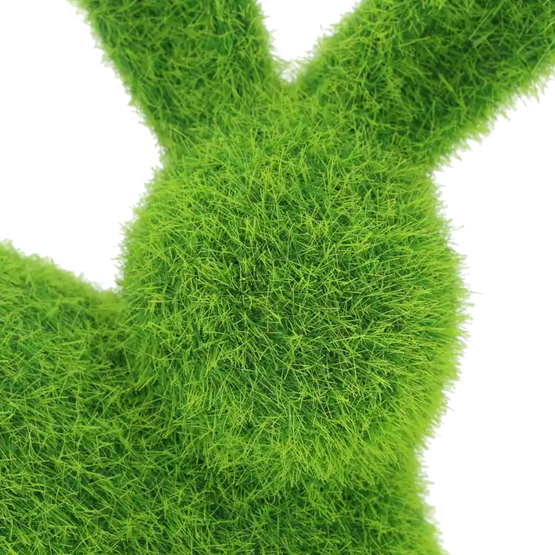 Detaliczne ujęcie głowy zająca pokrytego zielonym włosiem. Widoczna tekstura materiału flokowanego, idealna jako ozdoba.