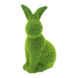 Zielony siedzący flokowany zając o wysokości 18 cm. Figurka pokryta dekoracyjnym włosiem, idealna do wielkanocnych stroików.